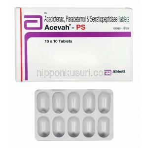 アセバー PS (アセクロフェナク/ アセトアミノフェン/ セラチオペプチダーゼ) 箱、錠剤