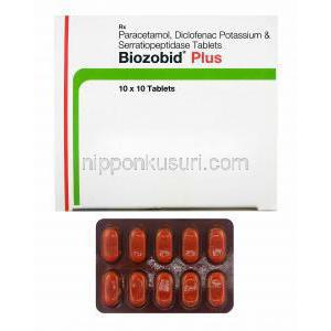 ビオゾビッド プラス (ジクロフェナク/ アセトアミノフェン/ セラチオールペプチダーゼ) 箱、錠剤