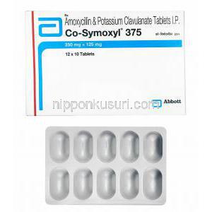 コシモキシル (アモキシシリン/ クラブラン酸) 375mg 箱、錠剤