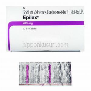 エピレックス (バルプロ酸ナトリウム) 200mg 箱、錠剤