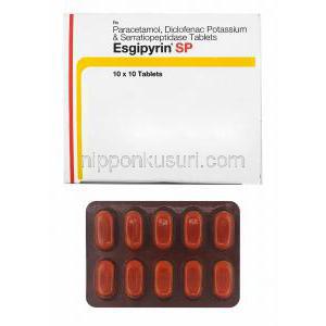 エスジピリン SP (ジクロフェナク/ アセトアミノフェン/ セラチオペプチダーゼ) 箱、錠剤