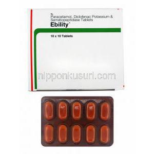 エビリティー (ジクロフェナク/ アセトアミノフェン/ セラチオペプチダーゼ) 箱、錠剤