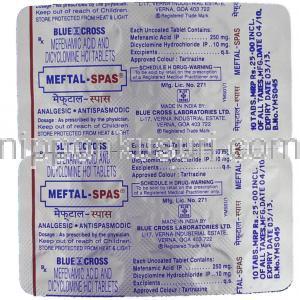 メフェナム酸 / ジサイクロミン配合, Meftal Spas,  250mg   10mg 錠 包装裏面