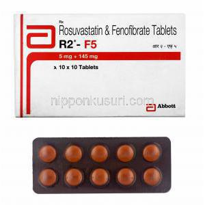R2-F (フェノフィブラート/ ロスバスタチン) 5mg 箱、錠剤