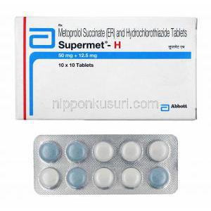 スーパーメット H (メトプロロール/ ヒドロクロロチアジド) 箱、錠剤
