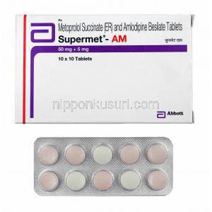 スーパーメット AM (アムロジピン/ メトプロロール) 箱、錠剤