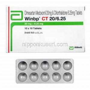 ウィンビーピー CT (オルメサルタン 20mg/ クロルタリドン 6.25) 箱、錠剤