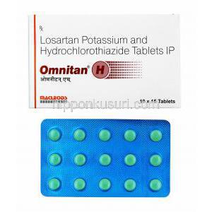 オムニタン H (ロサルタン/ ヒドロクロロチアジド) 箱、錠剤