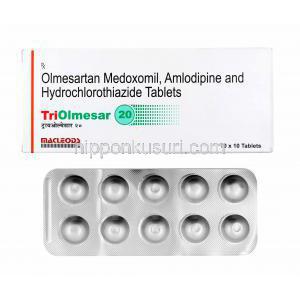 トリオルメサール (オルメサルタン/ アムロジピン/ ヒドロクロロチアジド) 20mg 箱、錠剤