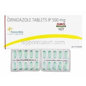 オルニダゾール(チベラルジェネリック)　Giro  500mg 錠 (Panacea Biotec)  箱、錠剤