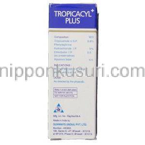 Tropicacyl Plus, Tropicamide/ Phenylephrine Hydrochloride 0.8%/ 5% 5 ml 点眼液  箱 成分