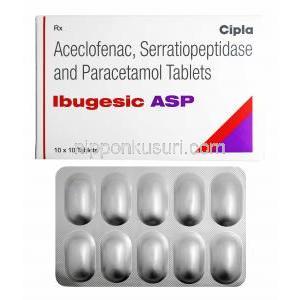 イブジェシック ASP (アセクロフェナク/ アセトアミノフェン/ セラチオペプチダーゼ) 箱、錠剤