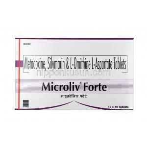 マイクロリブ  フォルテ, L-オルニチン-L-アスパラギン酸 / シリマリン / メタドキシン,錠剤, 箱表面