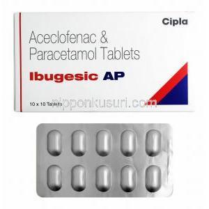 イブジェシック AP (アセクロフェナク/ アセトアミノフェン) 箱、錠剤