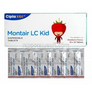 モンテアLC 小児用 イチゴ味 (レボセチリジン/ モンテルカスト) 箱、錠剤