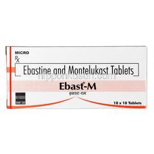 エバスト M, エバスチン  10mg / モンテルカスト 10mg, 錠剤,箱表面