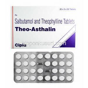 テオアスタリン (サルブタモール 2mg/ テオフィリン 100mg) 箱、錠剤