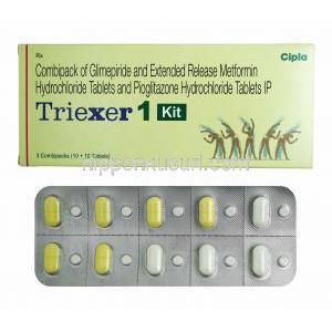 トリエクサー キット (グリメピリド 1mg/ メトホルミン/ ピオグリタゾン) 箱、錠剤