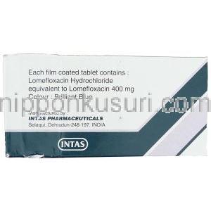 ロメフロキサシン（バレオンジェネリック） 400 mg 錠, Lomitas, (Intas Pharma)　箱　情報