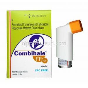 コンビヘール FF 吸入剤 (ホルモテロール/ プロピオン酸フルチカゾン) 箱、吸入器