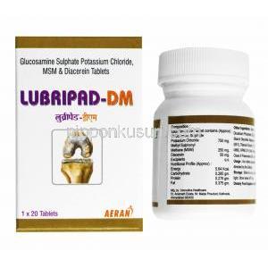 ラブリパッド DM (グルコサミン/ ジアセレイン/ メチルサルフォニルメタン) 箱、錠剤ボトル裏面