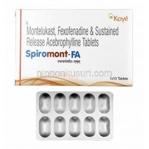 スピロモント FA (モンテルカスト/ フェキソフェナジン/ アセブロフィリン) 箱、錠剤