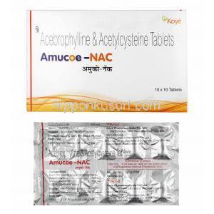 アムコエ NAC (アセブロフィリン/ アセチルシステイン) 箱、錠剤