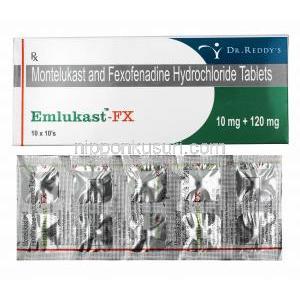 エムルカスト FX (モンテルカスト/ フェキソフェナジン) 箱、錠剤