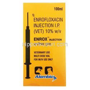 エンロックス 注射, エンロフロキサシン 10%, 100ml, 製造元：Alembic, 箱表面