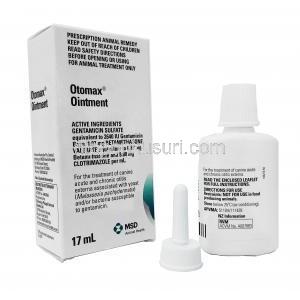 オトマックス 軟膏,  (1ml あたり) ゲンタマイシン 2640 IU/ ベタメタゾン 0.88 mg/ クロトリマゾール 8.80 mg, 17ml, 箱表面, ボトル