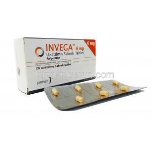 インヴェガ (パリペリドン) 6 mg, 28 錠 (徐放性) 箱、錠剤