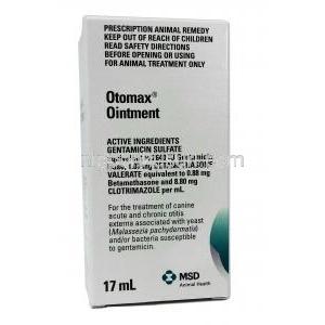 オトマックス 軟膏,  (1ml あたり) ゲンタマイシン 2640 IU/ ベタメタゾン 0.88 mg/ クロトリマゾール 8.80 mg, 17ml, 箱情報, 有効成分