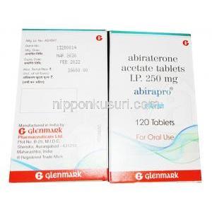 アビラプロ, アビラテロン 250 mg, 120 錠, 製造元：Glenmark, 箱, ボトル