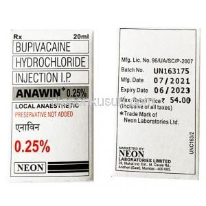 Anawin Injection, Bupivacaine 0.25% 20ml box front and back presentation
