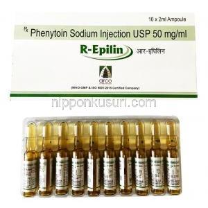 R-Epilin Injection, Phenytoin 50mg/ml, Arco lifesciences (india) pvt. ltd, ampoule and box presentation