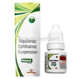 ネパシン点眼薬 , Nepafenac,0.1 ％ w/v, 5ml, 製造元：Optho Pharma Pvt Ltd,箱, ボトル表面
