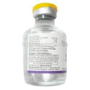 キシロカイン 注射, リドカイン 2%, 30ml, 製造元：Zydus Cadila,ボトル情報, 成分, 注意事項
