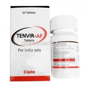 テンビル AF, テノホビル 25 mg, 製造元：Cipla, 箱, ボトル情報, 成分,保管方法
