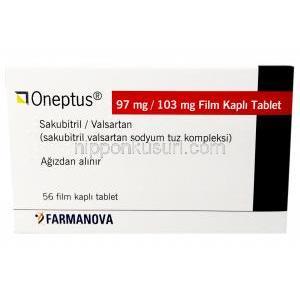 オネプタス,サクビトリル 97 mg/ バルサルタン 103 mg,製造元： Novartis, 箱表面