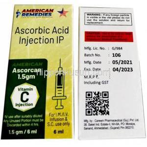 アスコルカン注射, アスコルビン酸1.5gm  注射, 製造元：American Remedies, 箱情報