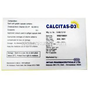 カルシタス D3, コレカルシフェロール 60,000 iu, カプセル, 製造元： Intas, 箱情報