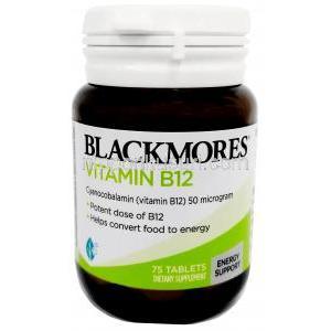 ブラックモアズ ビタミン B12,50mcg,製造元： Blackmores Ltd, ボトル表面