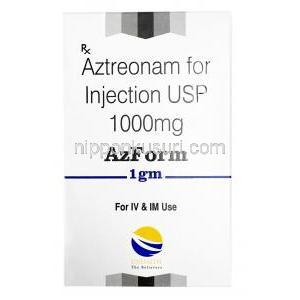 アズフォーム注射, アズトレオナム 1000mg (1g), バイアル, 製造元：Unifaith Biotech (P) Limited, 箱表面