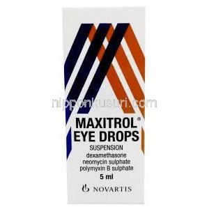 マクシトロール点眼薬,デキサメタゾン 0.1%/ ネオマイシン 3500 IU(3.5mg)/ ポリミキシンB 6000 IU,点眼薬 5ml,製造元：Novartis UK, 箱表面
