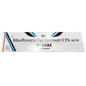 モキシファックス眼軟膏,モキシフロキサシン 0.5% w/w, 眼軟膏 5g, 製造元：Optho Pharma Pvt Ltd, 箱表面