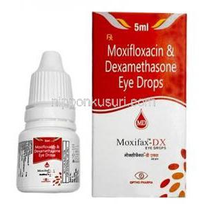 モキシファックス DX 点眼薬,モキシフロキサシン 5mg/ デキサメタゾン 1mg, 点眼薬 5mL, 製造元：Optho Pharma Pvt Ltd, 箱, ボトル