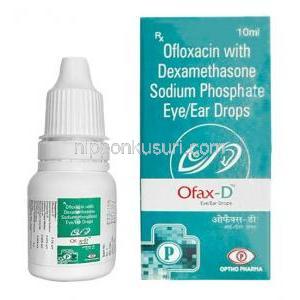 オファックス D 点眼・点耳薬,オフロキサシン 0.3% w/v / デキサメタゾン 0.05% w/v / メチルセルロース 0.25% w/v,  点眼・点耳薬 10mL, 製造元：Optho Pharma Pvt Ltd, 箱, ボトル