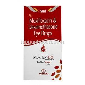 モキシファックス DX 点眼薬,モキシフロキサシン 5mg/ デキサメタゾン 1mg, 点眼薬 5mL, 製造元：Optho Pharma Pvt Ltd, 箱表面