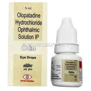 オディン点眼薬, Olopatadine オロパタジン2.22mg, 点眼薬 5mL, 製造元：Optho Phama, 箱, ボトル