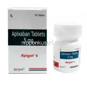 Apigat, Apixaban 5mg, 30tabs, Natco Pharma, Box front view, Bottle